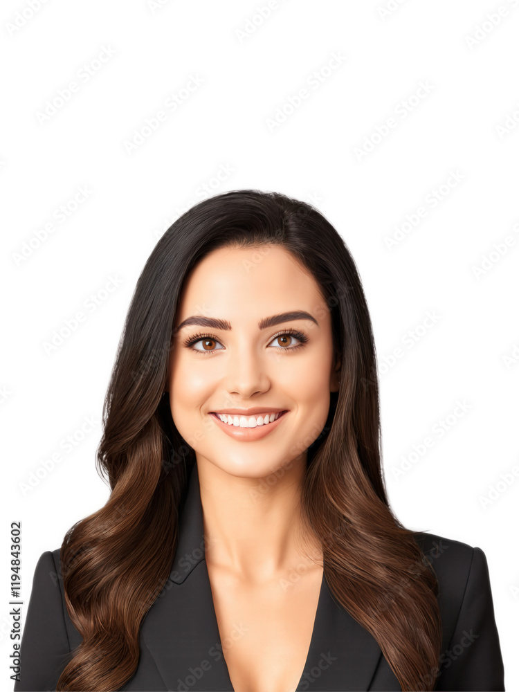 Young woman with long wavy black hair and golden-brown eyes that glimmer with passion, a confident smile. She is dressed Young woman with long wavy black hair and golden-brown eyes that glimmer with passion, a confident smile. She is dressed