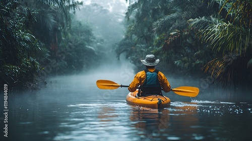 Wallpaper Mural Solo Kayaker Navigates Misty Jungle Waterway at Dawn Torontodigital.ca