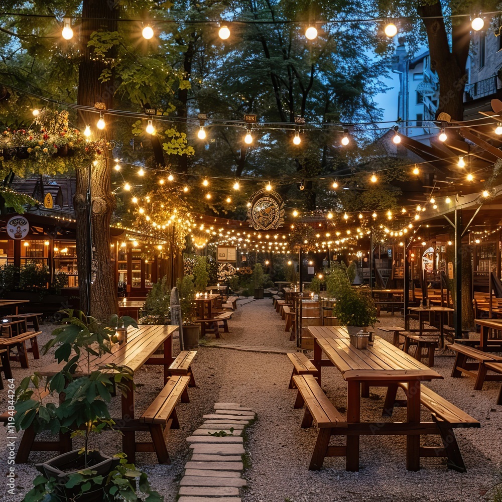 Evening ambiance at a beer garden with string lights, wooden tables, and gravel path. Evening ambiance at a beer garden with string lights, wooden tables, and gravel path.