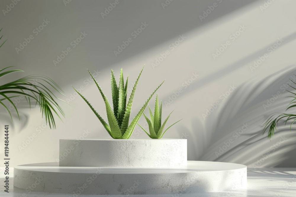 Indoor Aloe Vera Plants on Minimalist Pedestal in Modern Setting Indoor Aloe Vera Plants on Minimalist Pedestal in Modern Setting