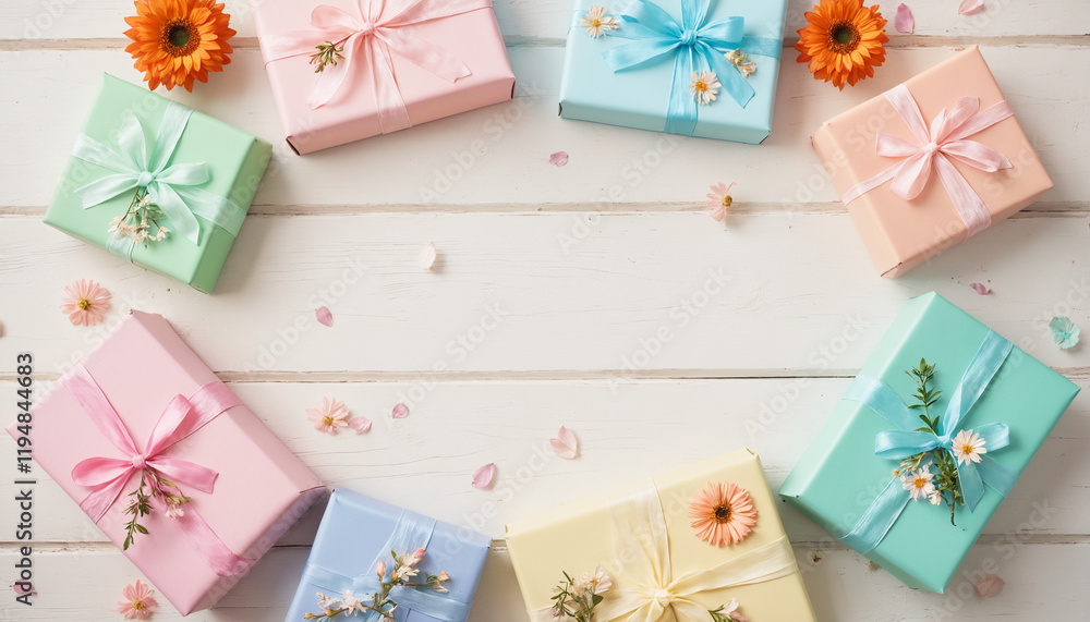 Display of pastel gift boxes with floral décor in the shape of a circle on a light wooden surface, representing spring promotions Display of pastel gift boxes with floral décor in the shape of a circle on a light wooden surface, representing spring promotions