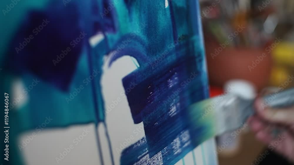 The image shows a close-up of an artist painting on a canvas with shades of blue and green. A hand holds a brush, applying bold strokes. The image shows a close-up of an artist painting on a canvas with shades of blue and green. A hand holds a brush, applying bold strokes.