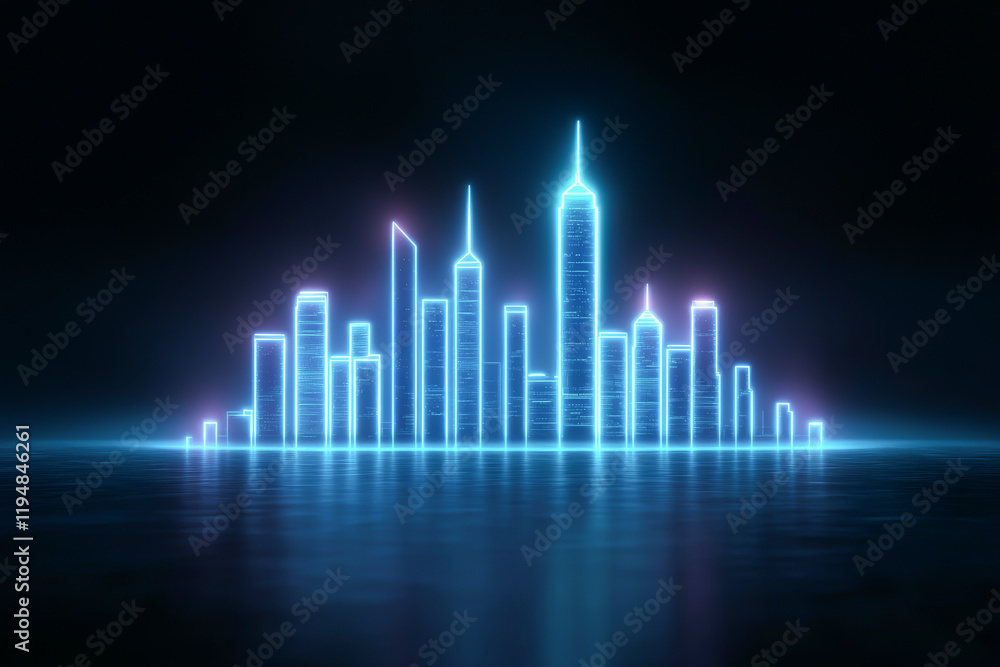 Futuristic city skyline illuminated with neon lights reflecting in water under dark sky. Futuristic city skyline illuminated with neon lights reflecting in water under dark sky.