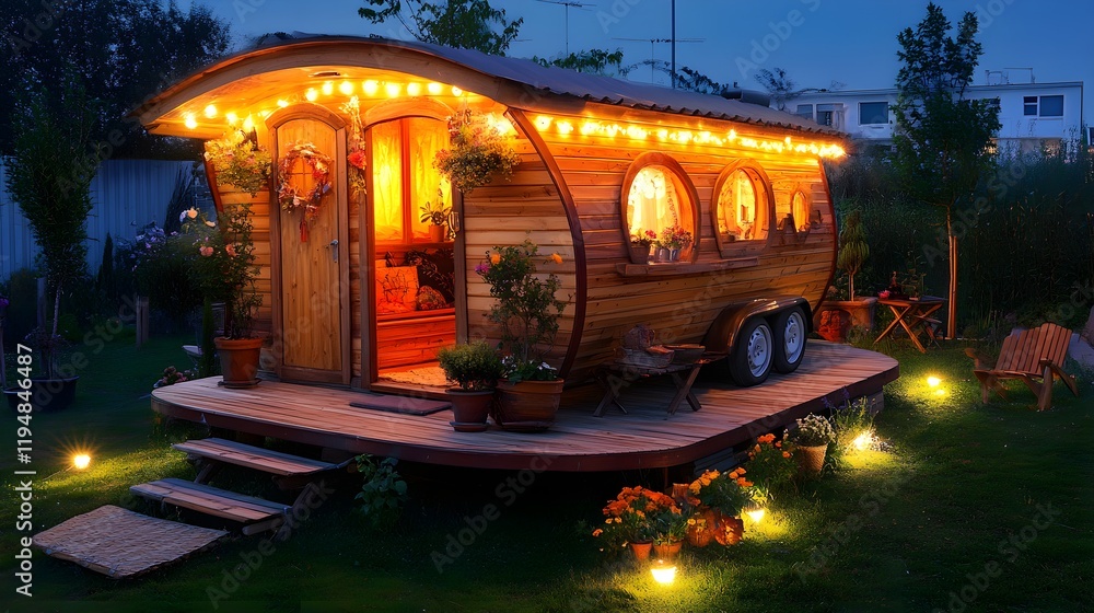 Obraz premium Cozy Wooden Caravan with Warm Lights and Garden at Twilight