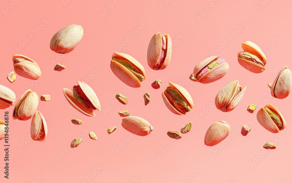 Pistachios in free fall, captured in sharp detail, with some shells cracked open on a pastel coral background Pistachios in free fall, captured in sharp detail, with some shells cracked open on a pastel coral background