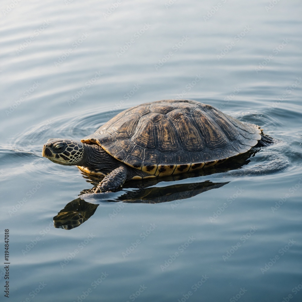 Fototapeta premium A turtle floating near the surface of the water, white background.