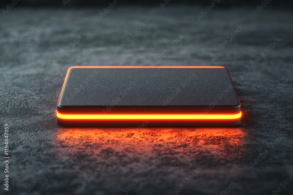 Futuristic gadget with glowing orange edge on textured surface, showcasing modern design. Futuristic gadget with glowing orange edge on textured surface, showcasing modern design.