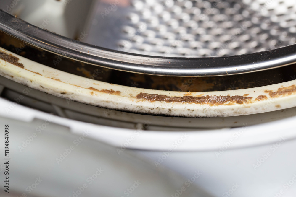 Obraz premium Dirt, mildew and mold in the hatch seals of the washing machine. Unsanitary and unpleasant smell. Cleaning and repairing stains in the washing machine, close-up
