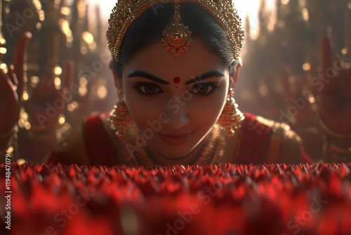 A woman in traditional Indian attire gazes intently at a bed of red flower petals in a temple setting. photo