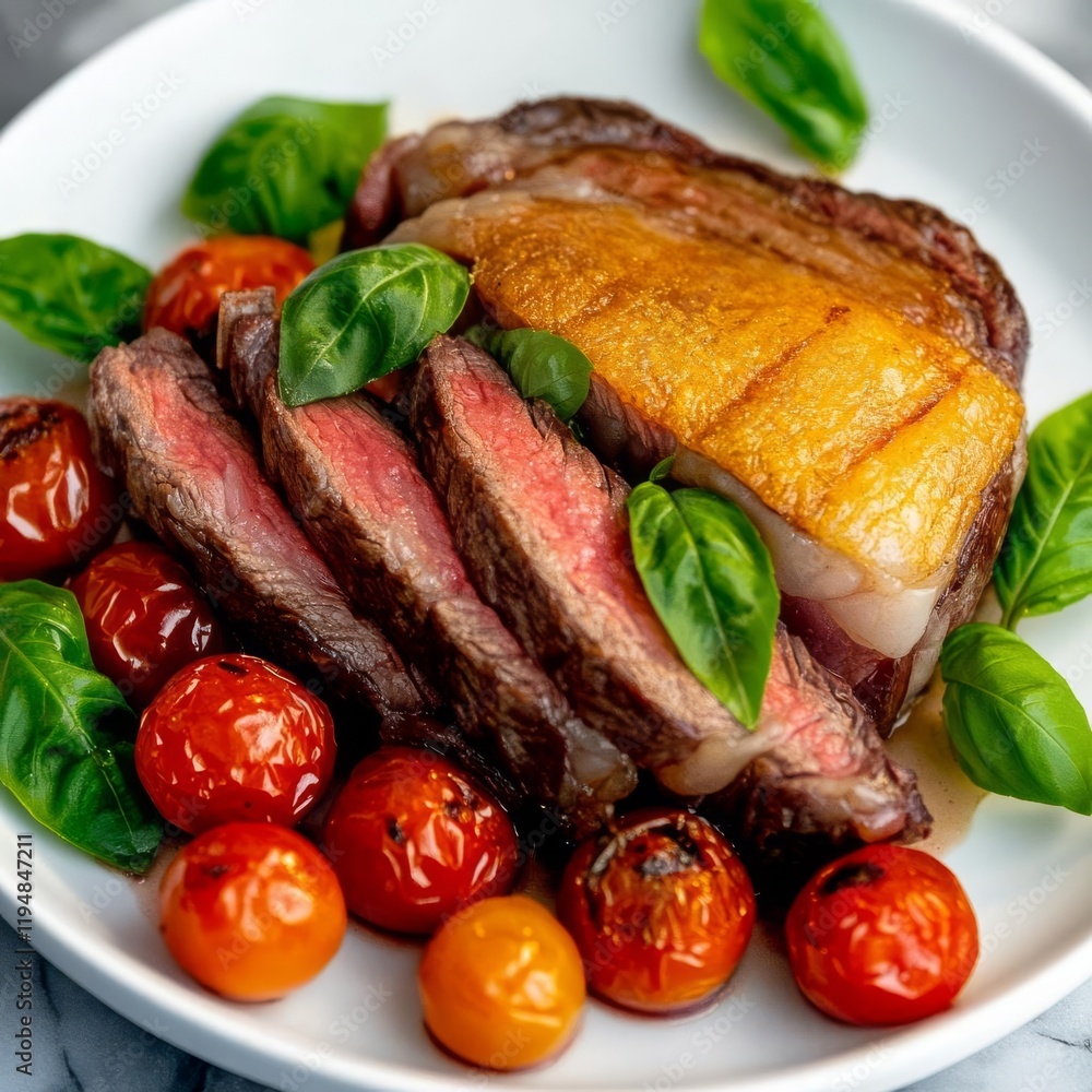 Sous vide ribeye steak with a golden crust, served with roasted cherry tomatoes and fresh basil Sous vide ribeye steak with a golden crust, served with roasted cherry tomatoes and fresh basil