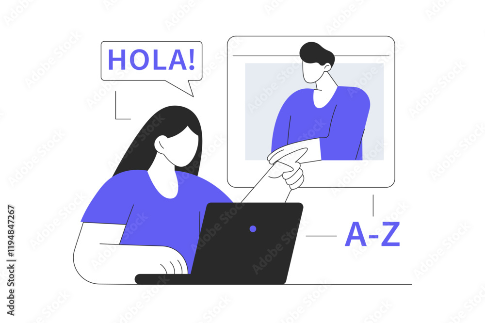 Studying foreign language online web concept. Woman learning new languages, watches video with teacher at laptop, talking with native. Flat Cartoon Vector Illustration, icon. Stylish abstract Studying foreign language online web concept. Woman learning new languages, watches video with teacher at laptop, talking with native. Flat Cartoon Vector Illustration, icon. Stylish abstract