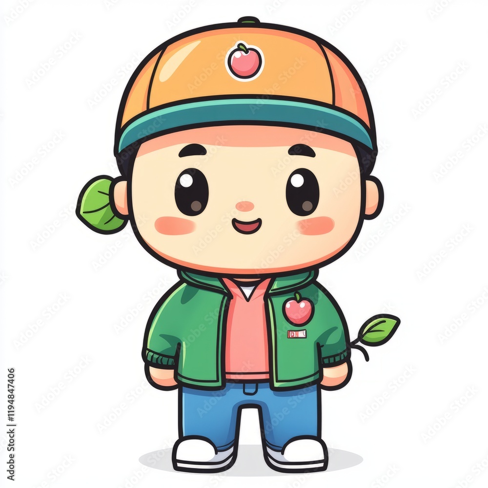 Happy Cartoon Boy Wearing Orange Cap Green Jacket Happy Cartoon Boy Wearing Orange Cap Green Jacket