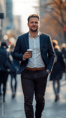 A young, stylish man with a charming smile walks along a bustling city street, holding a coffee cup in one hand and exuding a sense of fashion and confidence. photo