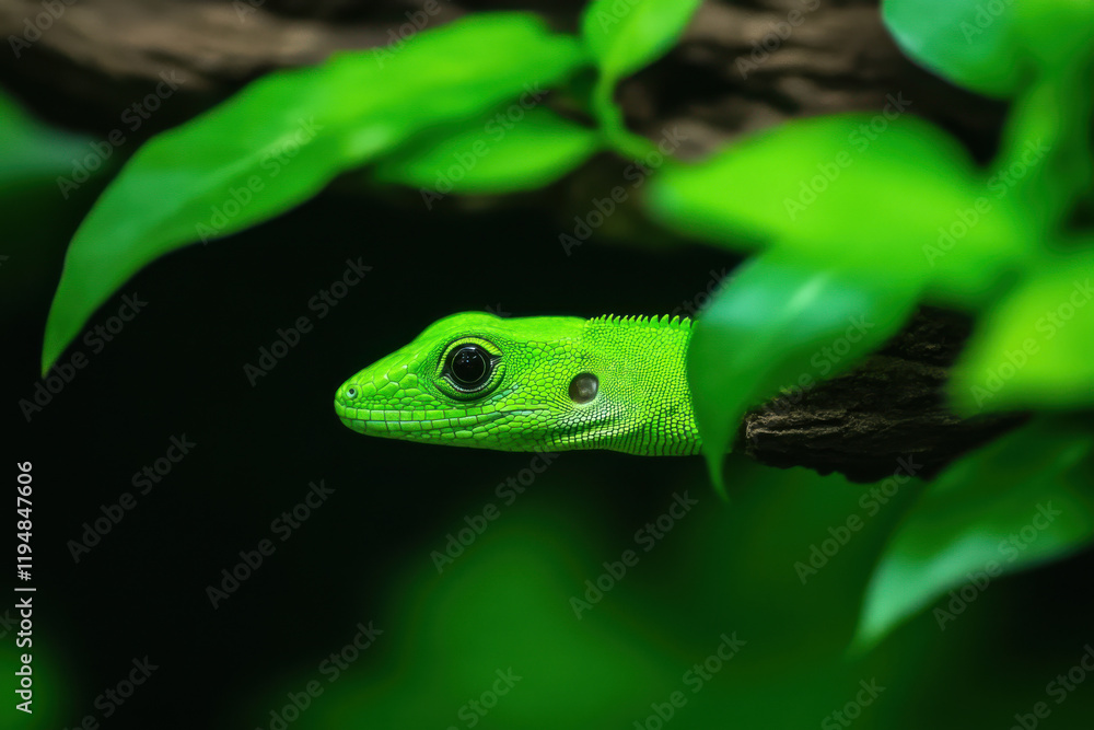 Fototapeta premium A green lizard is on a leaf