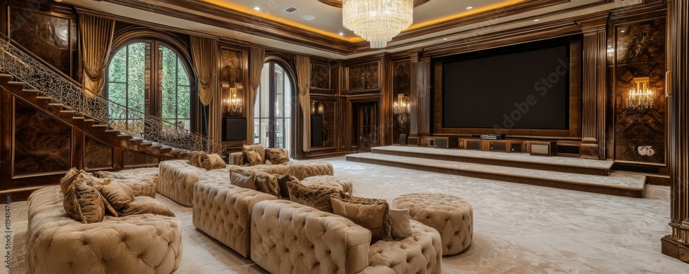 A private screening room in a luxury mansion with plush seating, 4K photo. A private screening room in a luxury mansion with plush seating, 4K photo.
