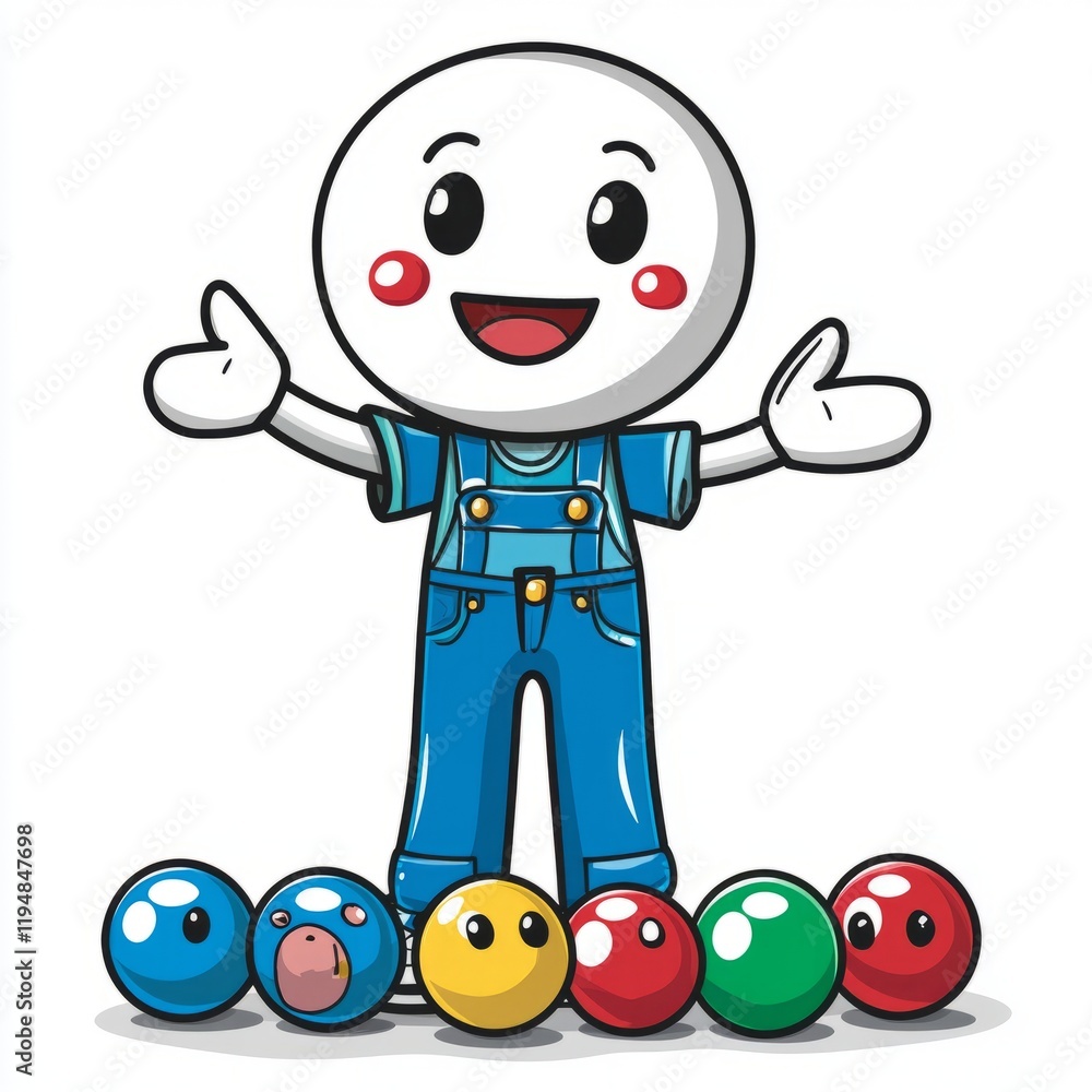 Fototapeta premium Happy Cartoon Boy Stands Above Colorful Balls