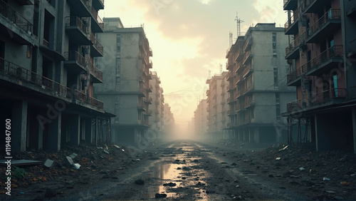 Abandoned urban landscape reveals a desolate road between crumbling buildings at dusk