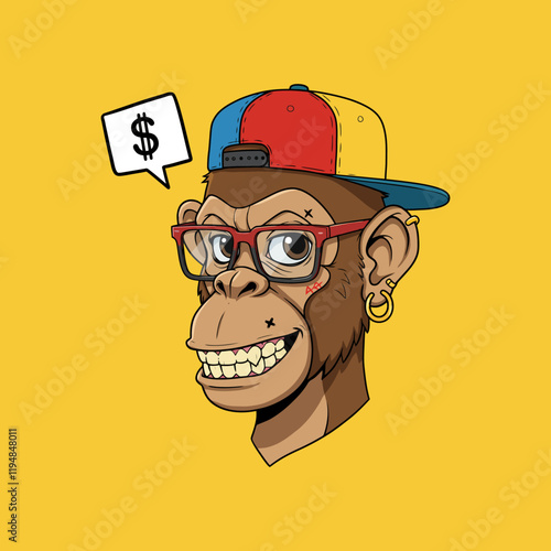 A cartoon illustration of a smiling monkey, wearing glasses, a colorful hat and earrings, suggesting wealth.