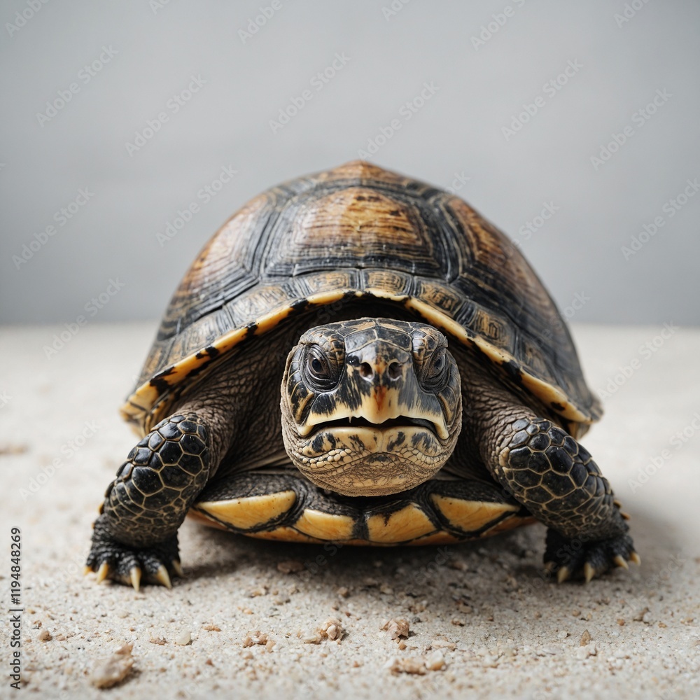 A turtle hiding in its shell, white background.
A turtle hiding in its shell, white background.