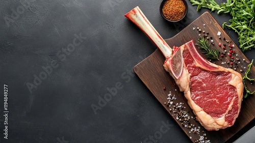 Tomahawk ribeye steak presented on a butcher s board, surrounded by seasoning photo