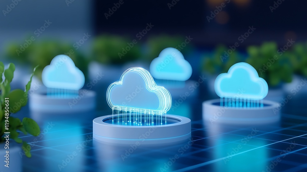 Modern Cloud Technology Concept with Luminous Cloud Icons and Digital Elements in a Futuristic Setting Modern Cloud Technology Concept with Luminous Cloud Icons and Digital Elements in a Futuristic Setting