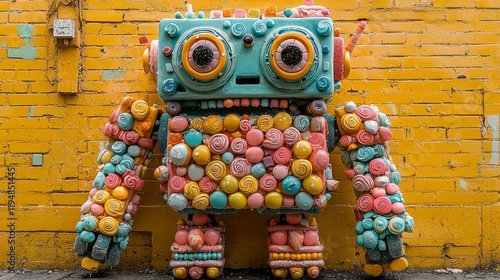 A robot made of different sweets and candy, creative and playful, detailed design, vibrant colors, unique and whimsical photo