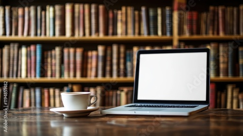 Laptop with blank screen on table in Modern library or bookstore interior with Learning and coworking space,relax zone,Library with rows of bookshelves,school or university,education concept.