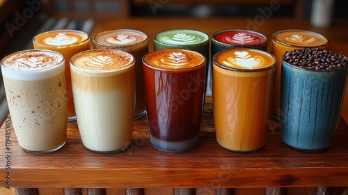 A sampler of different coffee drinks, each with unique flavors and colors, varied and tempting, bright lighting, detailed layout