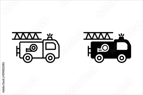 Fire emergency firetruck icon set. Black fire truck with ladder silhouette and line icon.