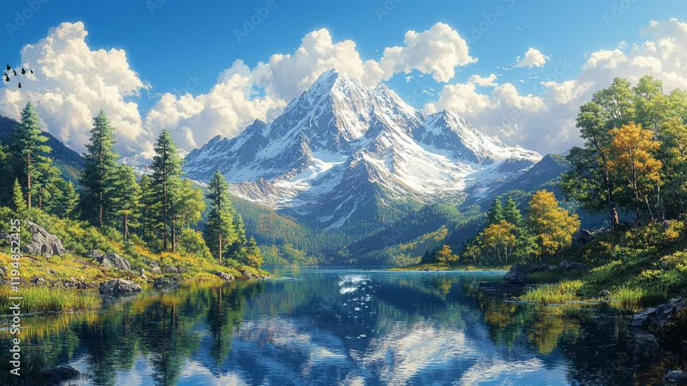 Snowy mountain peak surrounded by lush green forest. Travel concept saemless looping 4k time-lapse animation video background Snowy mountain peak surrounded by lush green forest. Travel concept saemless looping 4k time-lapse animation video background