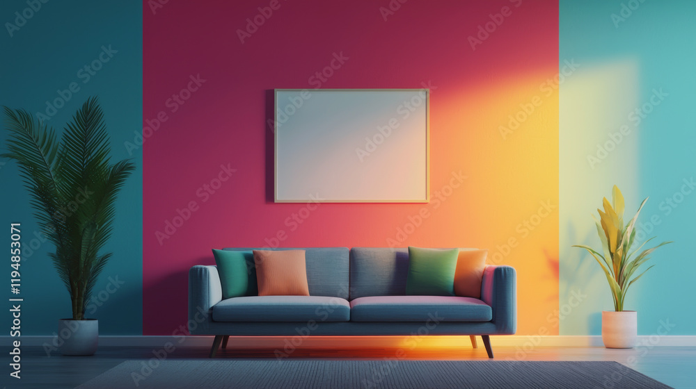 Modern living room with colorful walls, a cozy sofa, and stylish indoor plants. Modern living room with colorful walls, a cozy sofa, and stylish indoor plants.