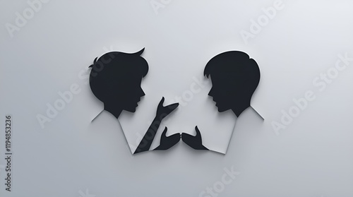 Silhouette of two people engaging in a debate or discussion on a minimalistic background