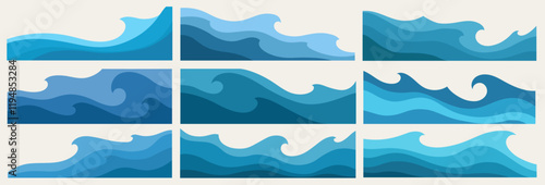 Set Marine seamless pattern with stylized waves on a light background