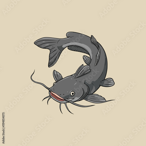 The image showcases a stylized cartoon drawing of a gray catfish swimming gracefully in a light beige background.
