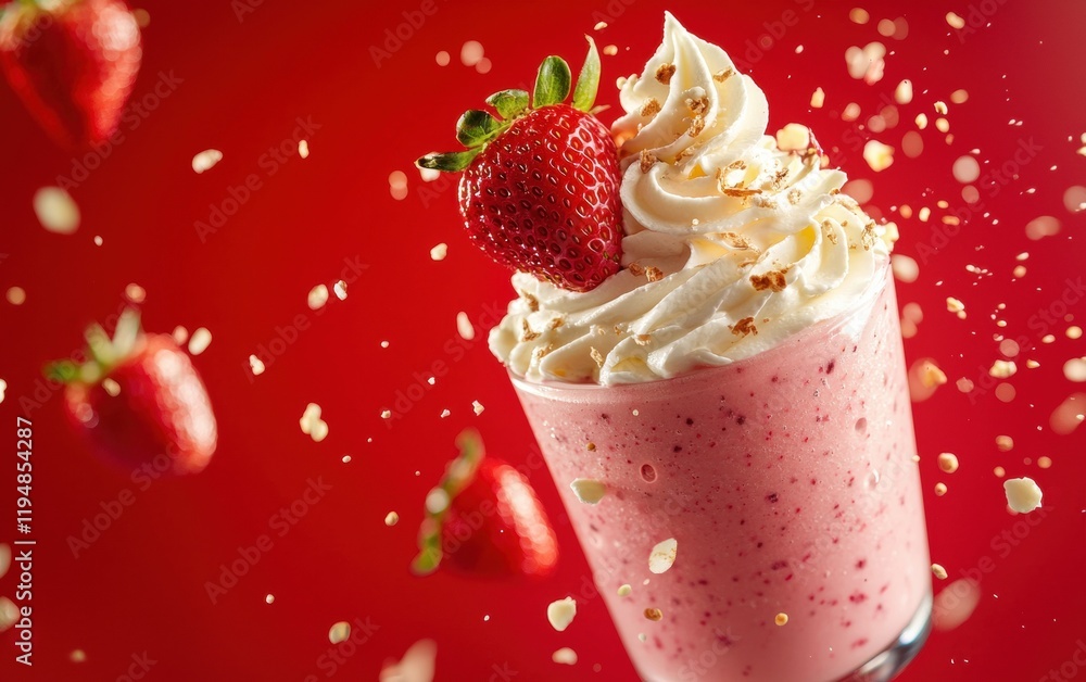 A rich berry smoothie with a swirl of whipped cream and strawberry garnish, hovering mid-air on a bright red background A rich berry smoothie with a swirl of whipped cream and strawberry garnish, hovering mid-air on a bright red background
