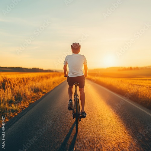 A cyclist enjoys a peaceful sunset ride along a rural road, surrounded by golden fields, embodying freedom and adventure.