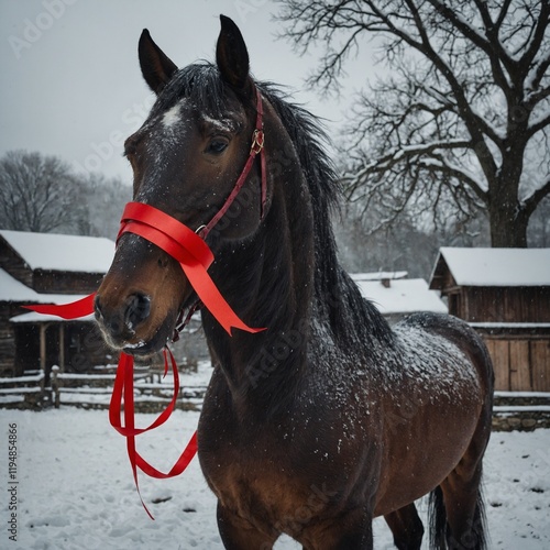 A horse with a red ribbon tied around its neck in a snowy village square.