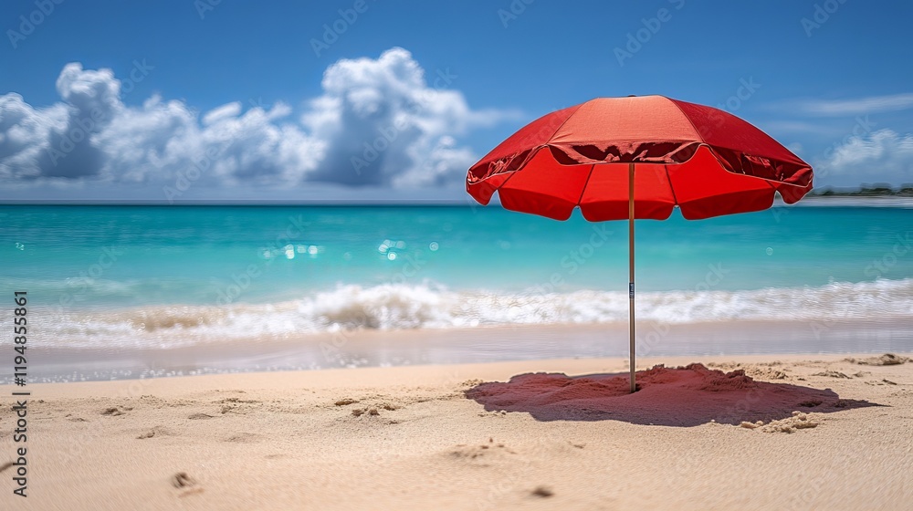 Red Beach Umbrella, Summer Vacation Paradise sky sea coast image color Red Beach Umbrella, Summer Vacation Paradise sky sea coast image color