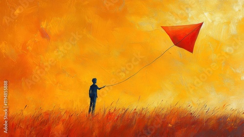 A Silhouette of a Person Holding a Red Kite Against a Bright Orange Sunset Sky in a Field of Tall Grass, Evoking Feelings of Freedom and Nostalgia