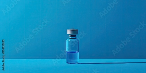 Blue background with ample space showcasing a transparent ampoule of COVID-19 vaccine positioned centrally casting a soft shadow, symbolizing vaccination. photo