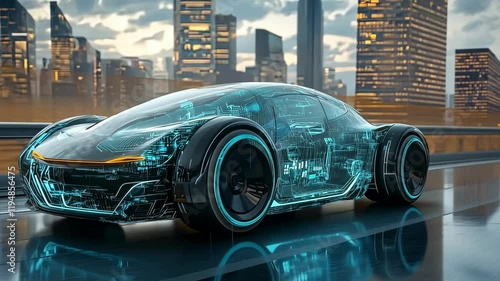 Futuristic electric car driving through a modern city skyline at dusk showcasing innovative design and technology