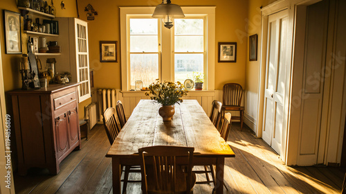 A charming farmhouse dining room with wheat-toned walls, wooden table, and vintage decor.