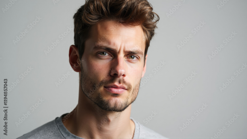 Fototapeta premium Young man with tousled hair and serious expression in a minimalist setting during daylight hours