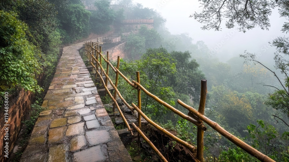 Serene Misty Stone Path, Hiking Trail through Foggy Forest Leading to Scenic Mountain Viewpoint Serene Misty Stone Path, Hiking Trail through Foggy Forest Leading to Scenic Mountain Viewpoint