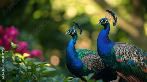 Wallpaper Mural A pair of Indian peafowls displaying their vibrant plumage in a lush garden Torontodigital.ca