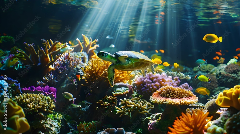 Fototapeta premium Colorful coral reef with sea turtle swimming under beams of sunlight in a vibrant ocean