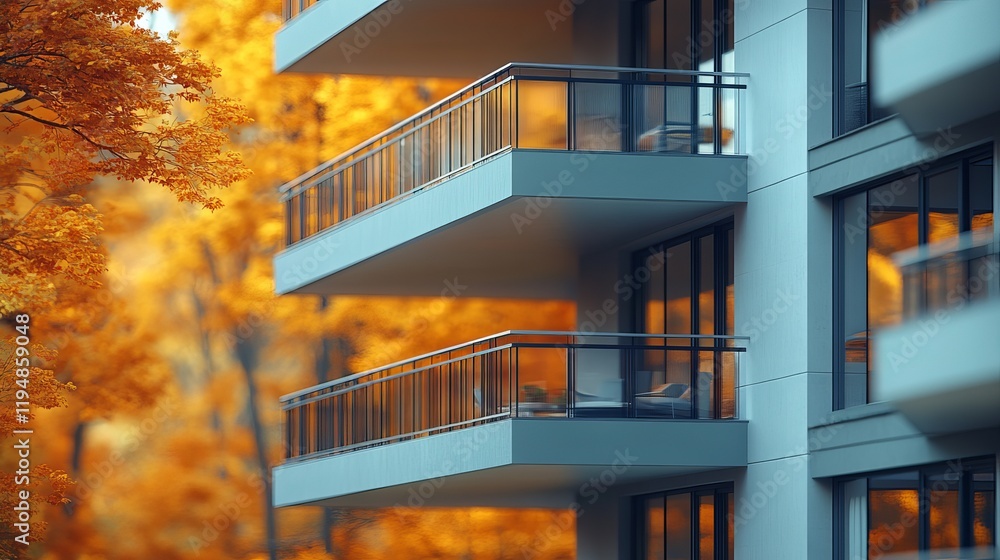 Fototapeta premium Modern Apartment Building Autumn Balcony View fall home teal gray blue