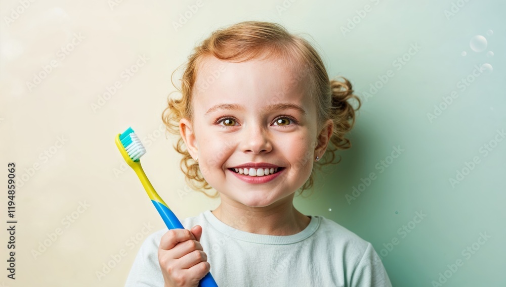 Portrait of laughing happy cheerful infant girl kid with curly blonde hair holding toothbrush, taking care of dental hygiene Portrait of laughing happy cheerful infant girl kid with curly blonde hair holding toothbrush, taking care of dental hygiene