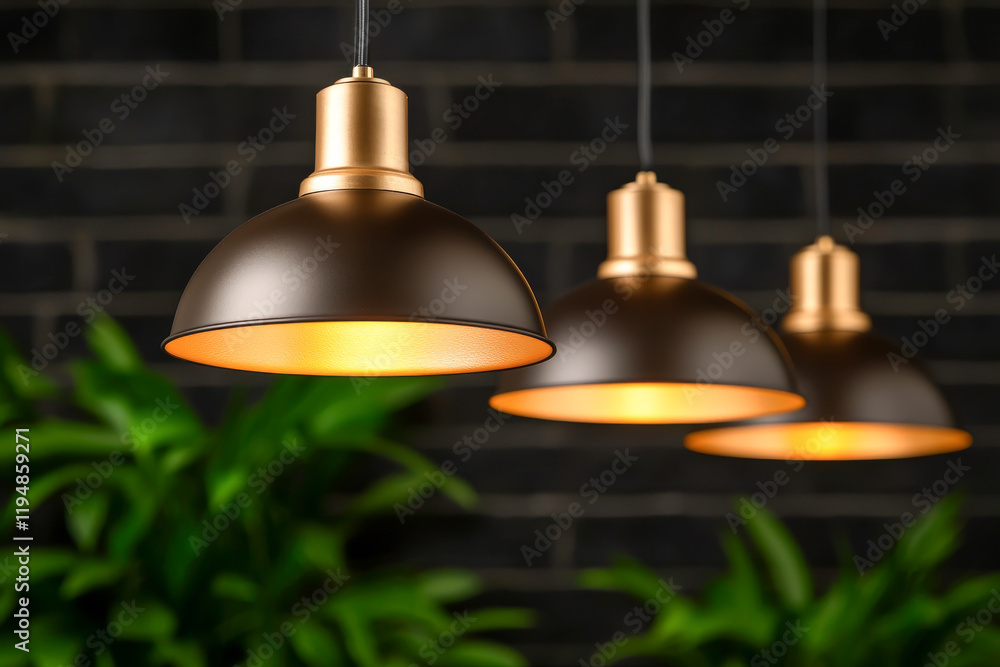 Obraz premium Stylish hanging lamps illuminating a modern interior with greenery.