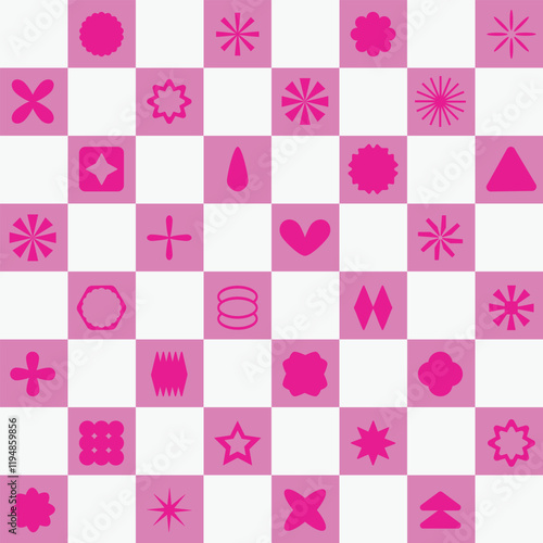 Retro futuristic Y2K Geometric Shapes Checkerboard Seamless Pattern Background. Postmodern Brutalism pink and white bright and funky abstract wallpaper design